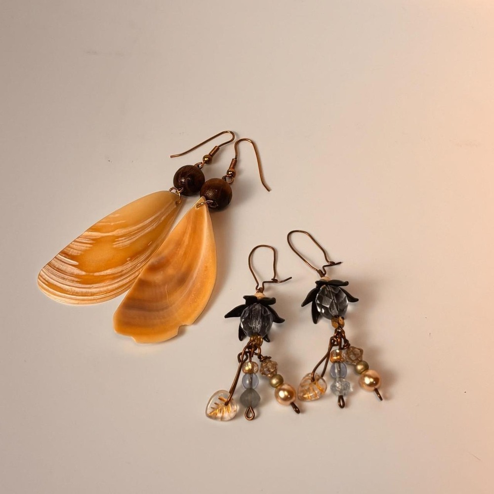 Vintage Dangle Earrings Lot Shell Wood Glass Beaded Boho Whimsygoth Statement
